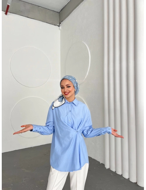 Düğmeli Nurs Gömlek -Mavi