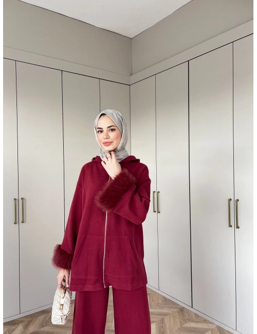 Ela Kürk Detaylı Takım - Bordo