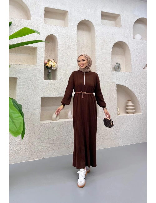 Fermuar Detaylı Triko Elbise Acı Kahve