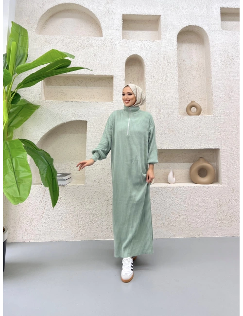 Fermuar Detaylı Triko Elbise Çağla