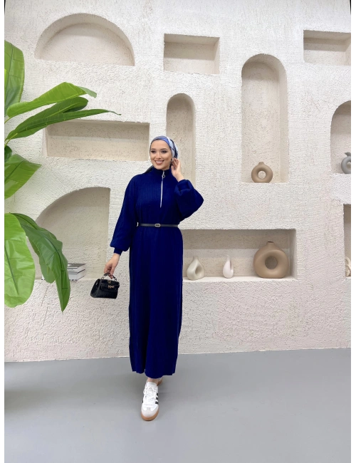 Fermuar Detaylı Triko Elbise Lacivert