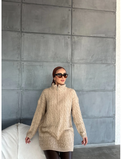 Fermuarlı Örme Kazak Camel