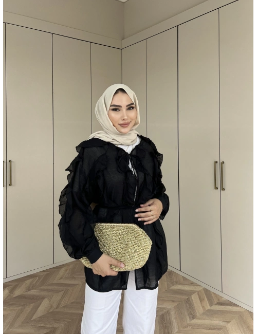 Hello Fırfırlı Gömlek - Siyah