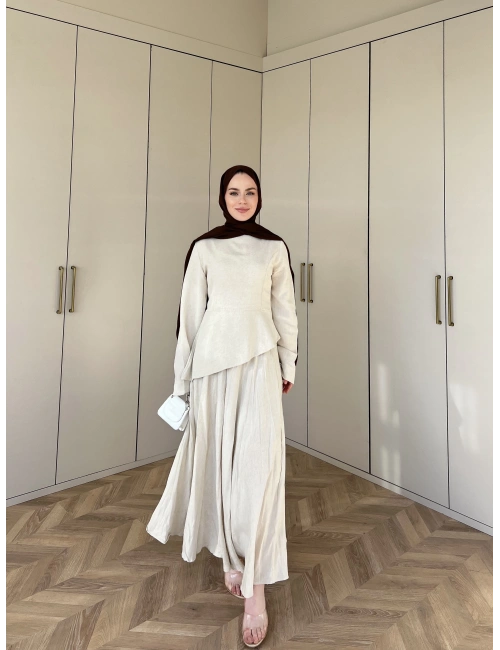 Keten Kırışık Etek Takım - Krem