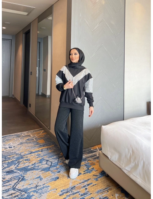 Molla Sim  Detaylı Sweat Takım - SİYAH