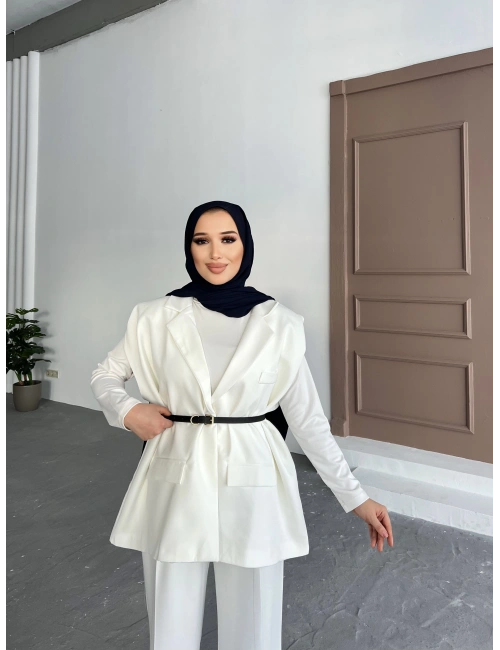 Nes Vatka Detaylı Yelek -  Beyaz