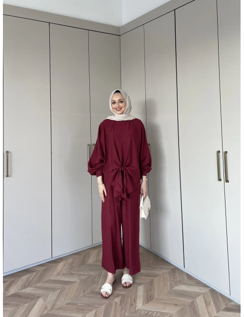Nisa Bel Bağlamalı Takım - Bordo