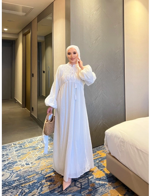 Nora Simli Tüylü Elbise - Beyaz