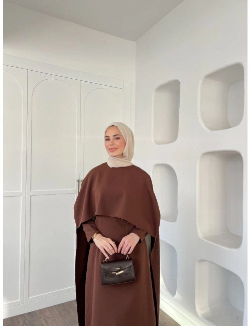 Pelerinli Özge Elbise - Kahve