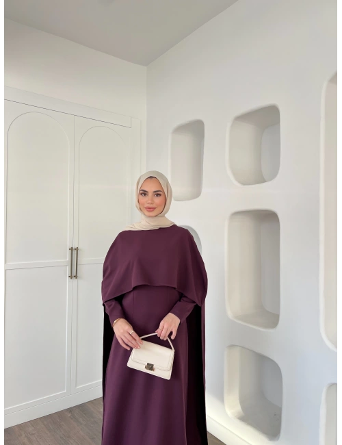 Pelerinli Özge Elbise - Mürdüm