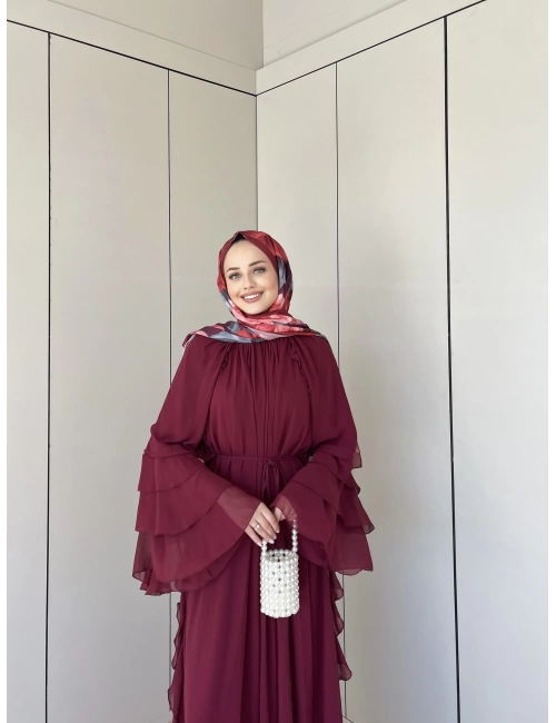 Sare Fırfır Detaylı Şifon Elbise - Bordo