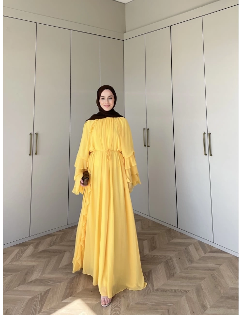 Sare Fırfır Detaylı Şifon Elbise - Sarı