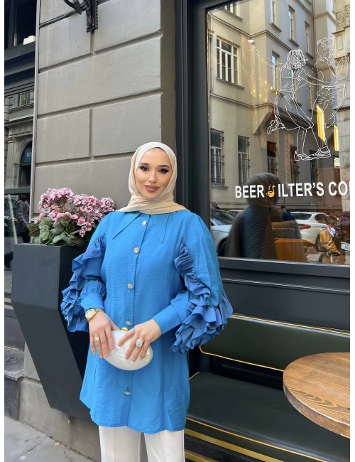 Sevda Kolları Güllü Gömlek - Mavi