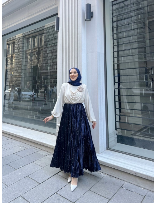 Taşlı Saten Etek - Lacivert
