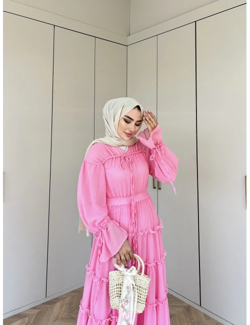 Ümma Şifon Elbise -Pembe