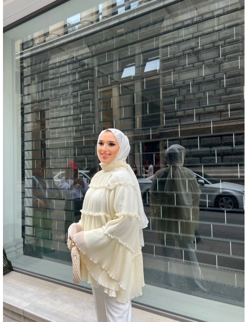 Viana Şifon piliseli kat fırfır Bluz - Bej