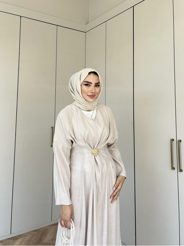 Hello Bronş Detaylı Elbise -Krem