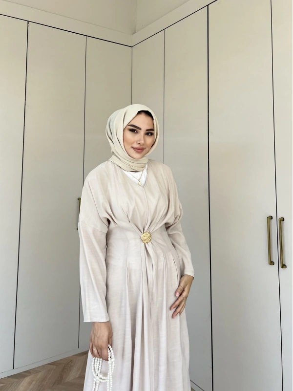 Hello Bronş Detaylı Elbise -Krem