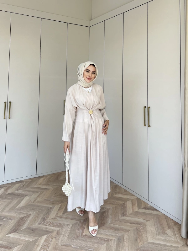 Hello Bronş Detaylı Elbise -Krem