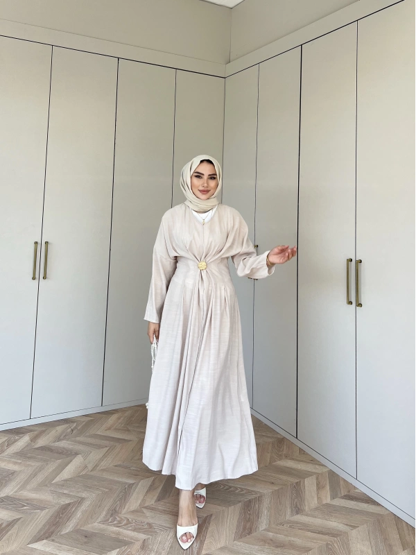 Hello Bronş Detaylı Elbise -Krem