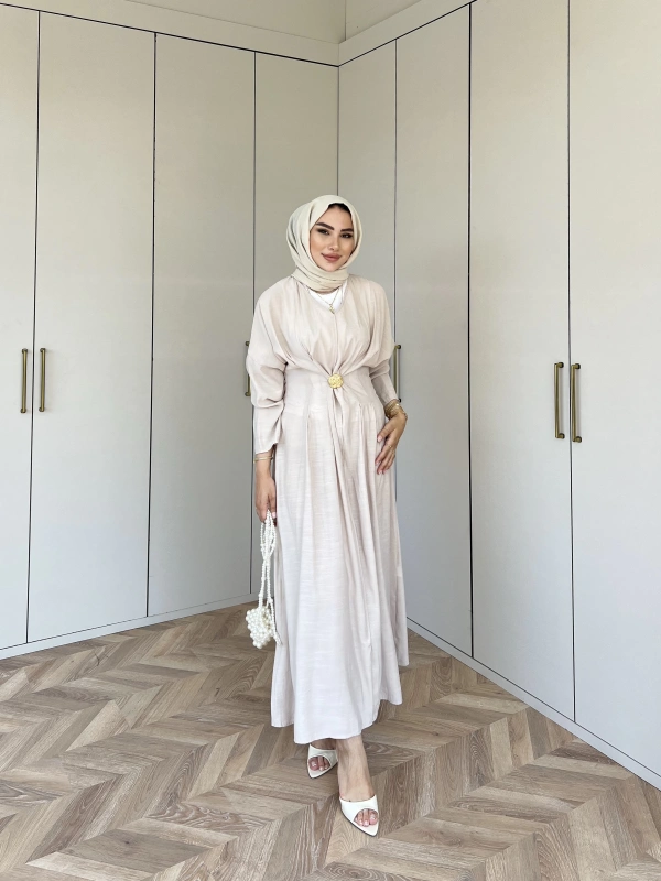 Hello Bronş Detaylı Elbise -Krem