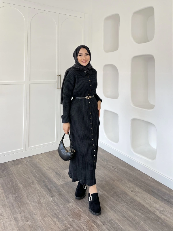 Sanma Örme Elbise - Siyah