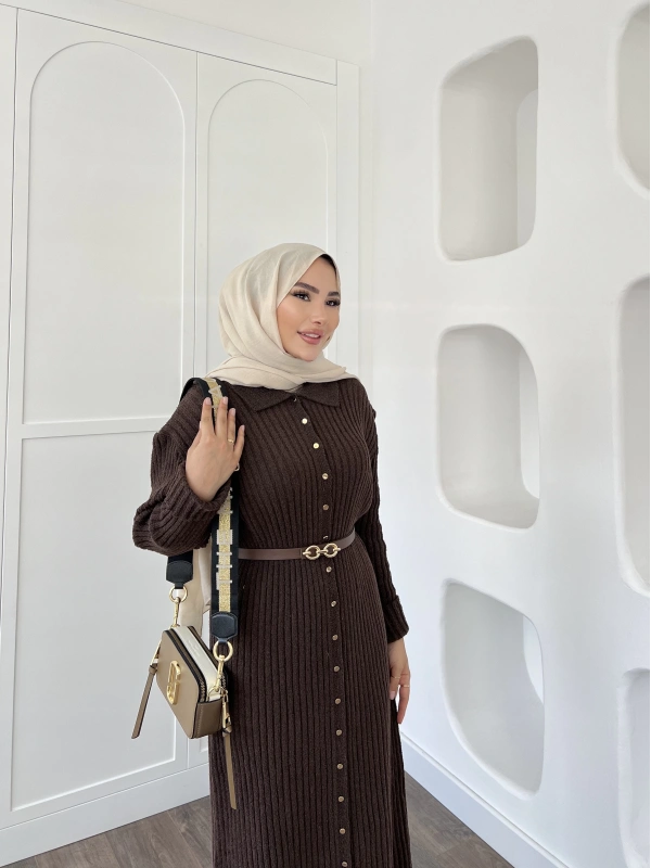 Sanma Örme Elbise - Kahve