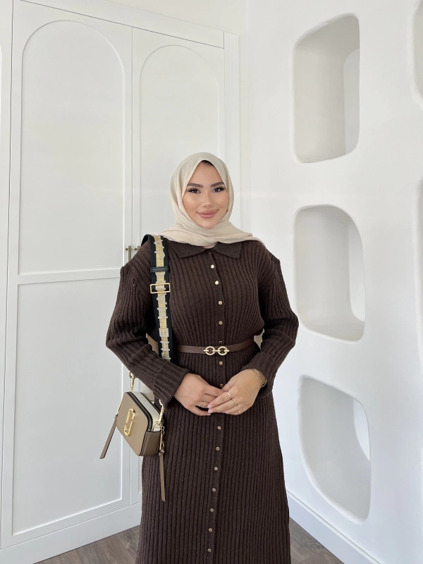 Sanma Örme Elbise - Kahve