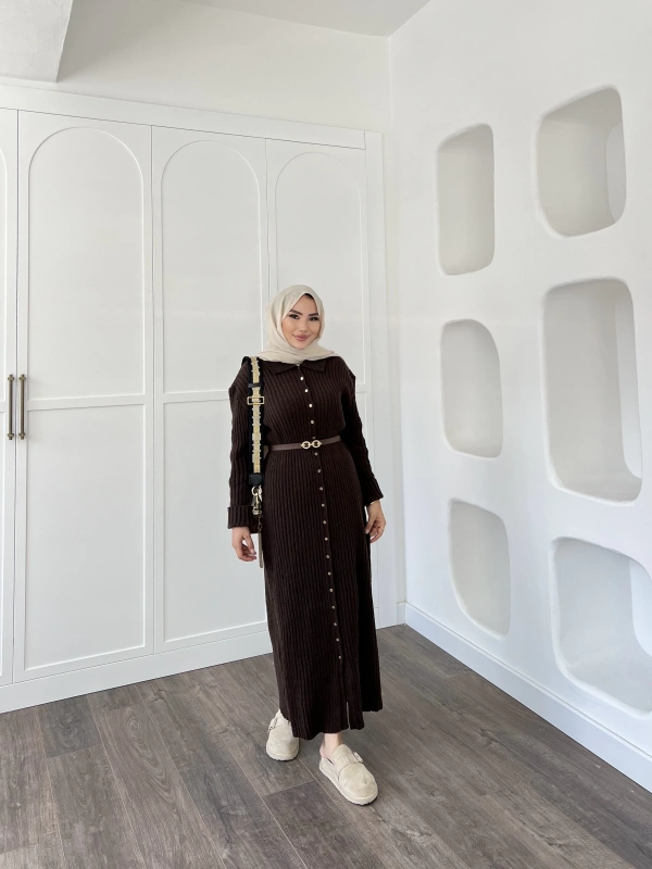 Sanma Örme Elbise - Kahve