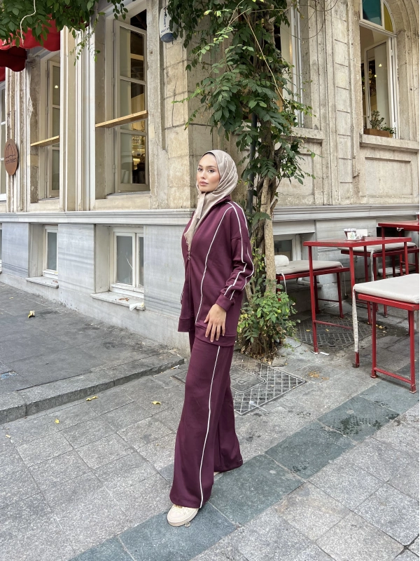 Mehru Çizgi Detaylı Takım - Bordo