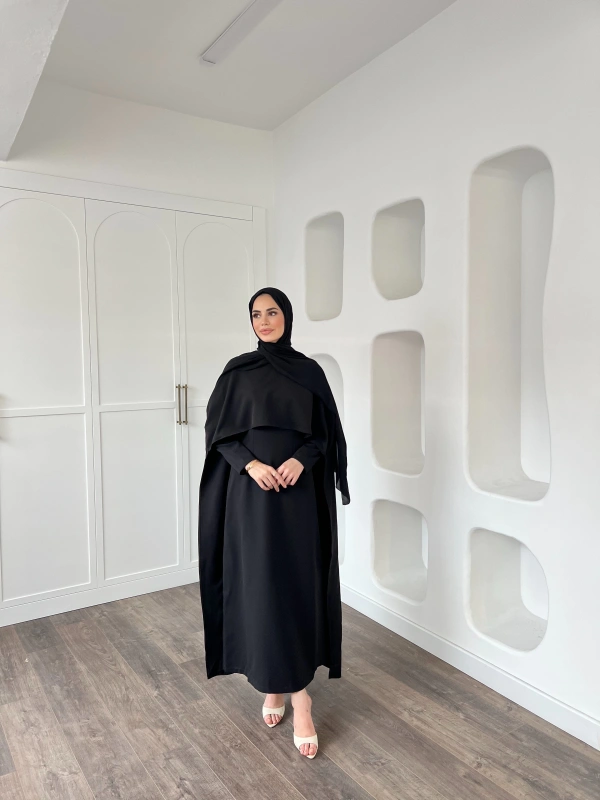 Pelerinli Özge Elbise - Siyah