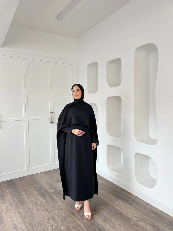 Pelerinli Özge Elbise - Siyah