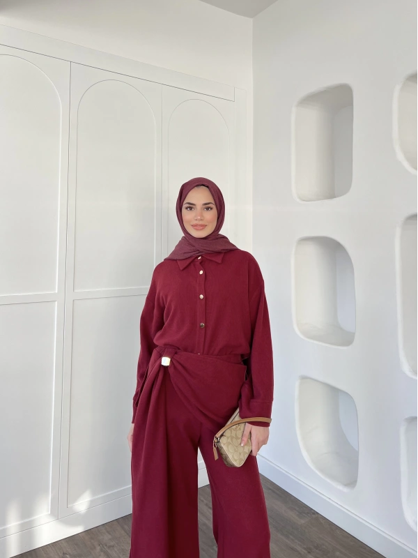 Leva Örme Triko Yan Bağcıklı Takım- Bordo