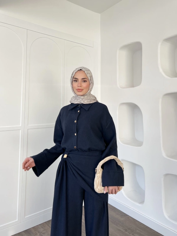 Leva Örme Triko Yan Bağcıklı Takım- Lacivert