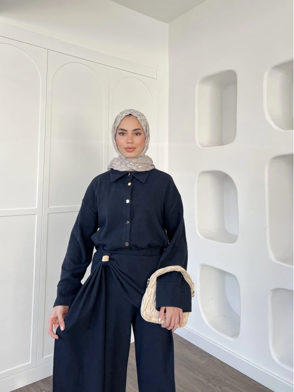 Leva Örme Triko Yan Bağcıklı Takım- Lacivert