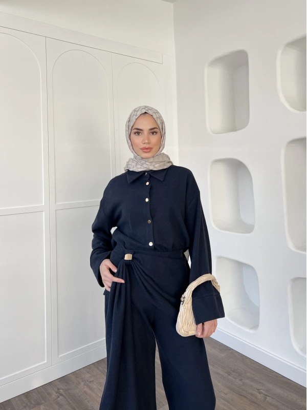 Leva Örme Triko Yan Bağcıklı Takım- Lacivert