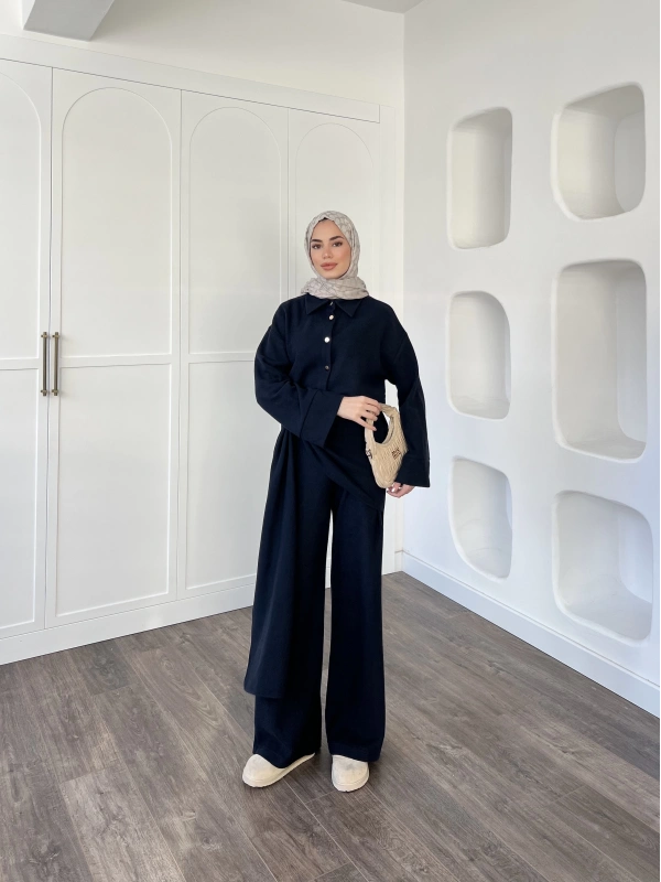 Leva Örme Triko Yan Bağcıklı Takım- Lacivert