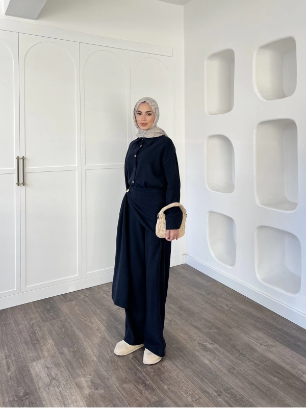 Leva Örme Triko Yan Bağcıklı Takım- Lacivert