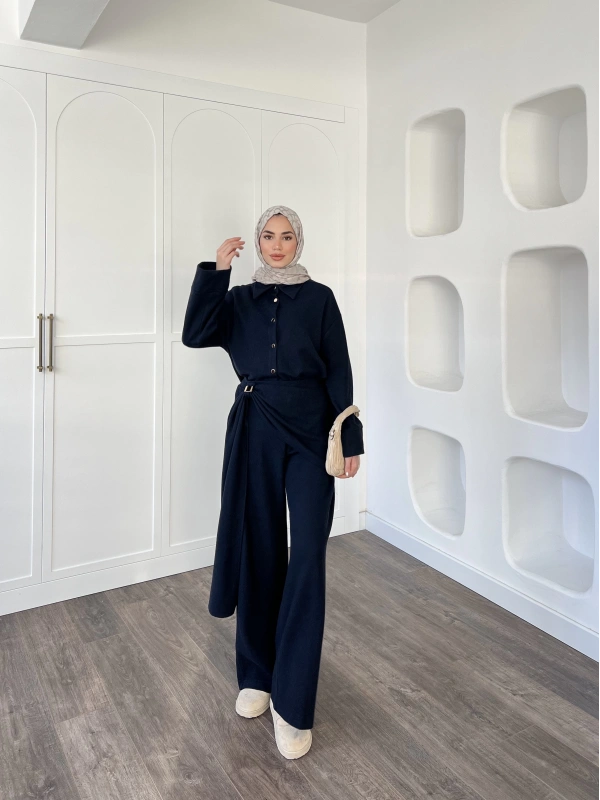 Leva Örme Triko Yan Bağcıklı Takım- Lacivert