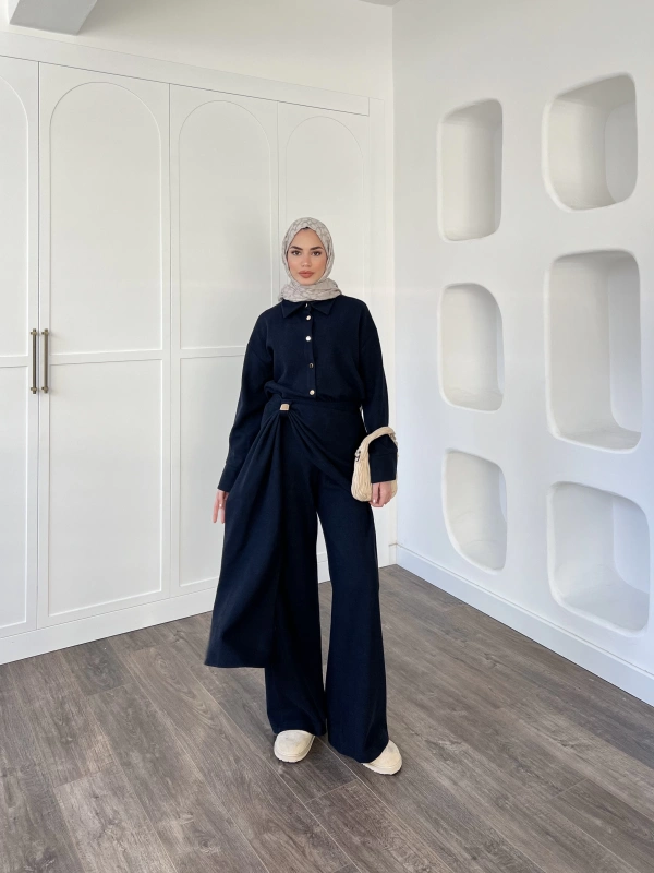 Leva Örme Triko Yan Bağcıklı Takım- Lacivert