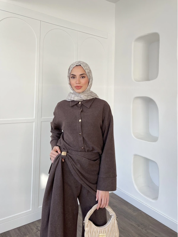 Leva Örme Triko Yan Bağcıklı Takım- Kahve