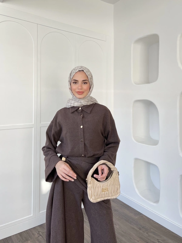 Leva Örme Triko Yan Bağcıklı Takım- Kahve