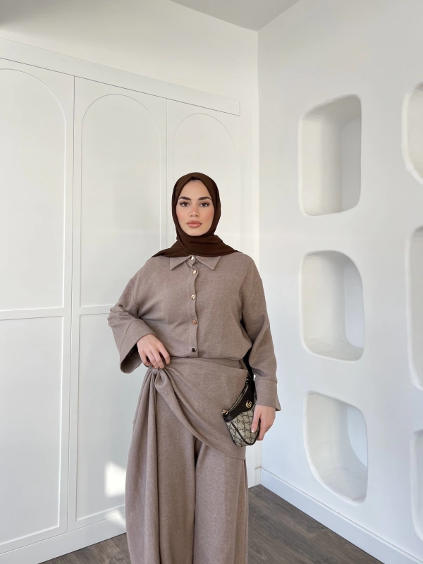 Leva Örme Triko Yan Bağcıklı Takım- Vizon