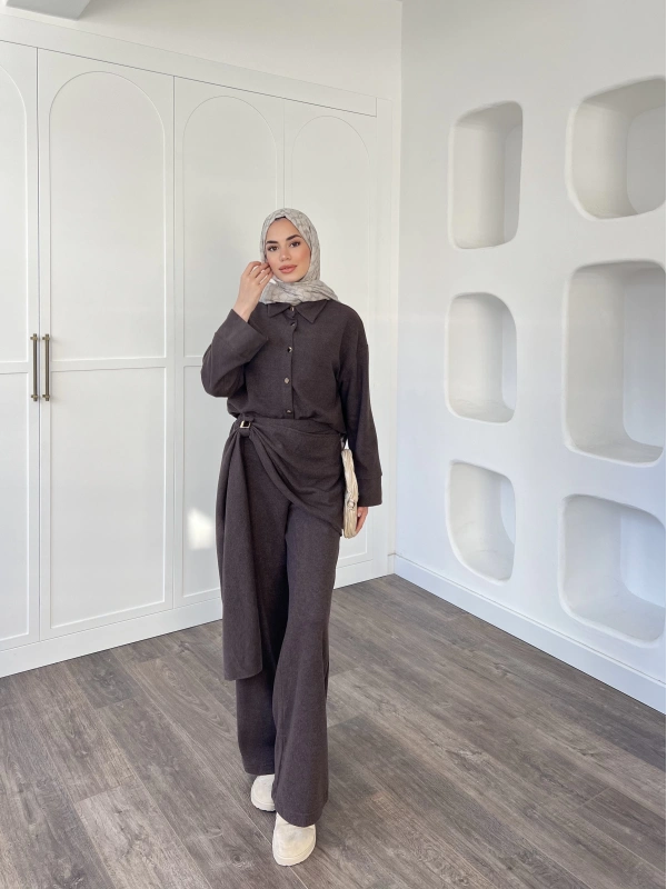 Leva Örme Triko Yan Bağcıklı Takım- Kahve