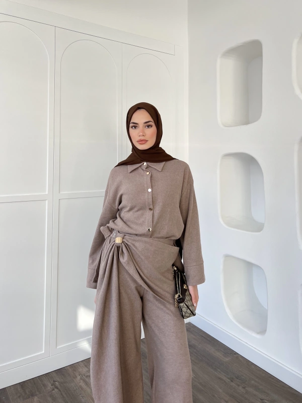 Leva Örme Triko Yan Bağcıklı Takım- Vizon