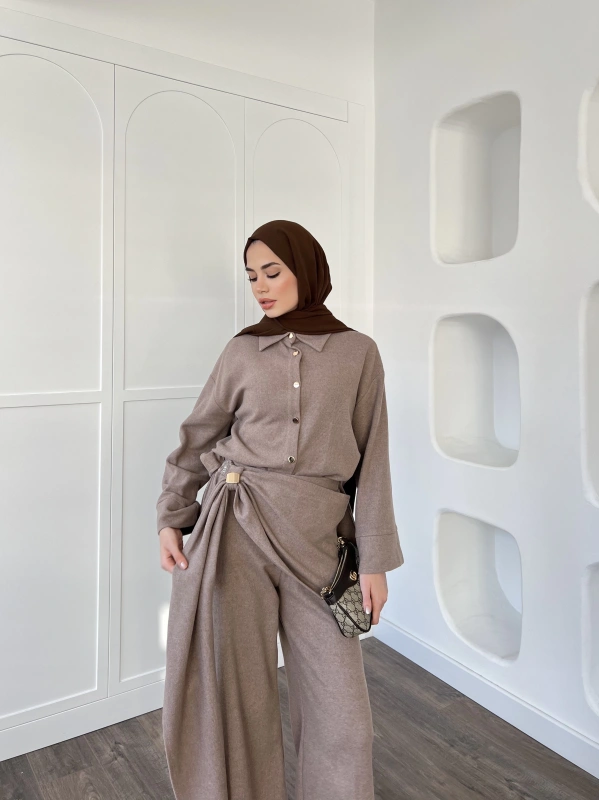 Leva Örme Triko Yan Bağcıklı Takım- Vizon