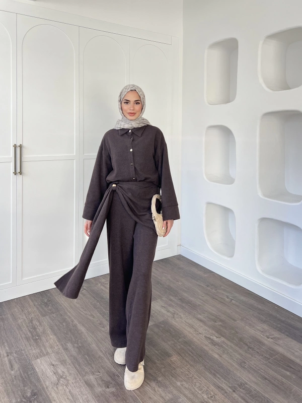 Leva Örme Triko Yan Bağcıklı Takım- Kahve