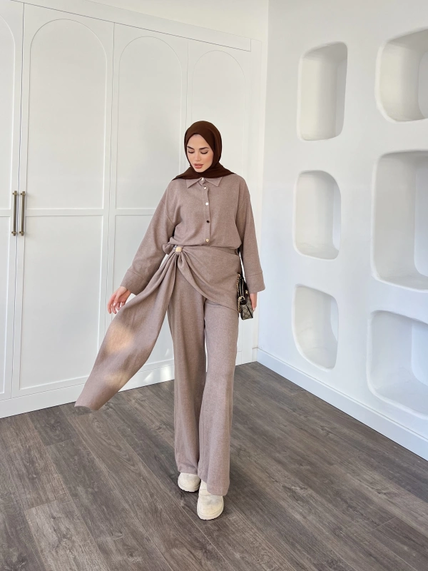 Leva Örme Triko Yan Bağcıklı Takım- Vizon