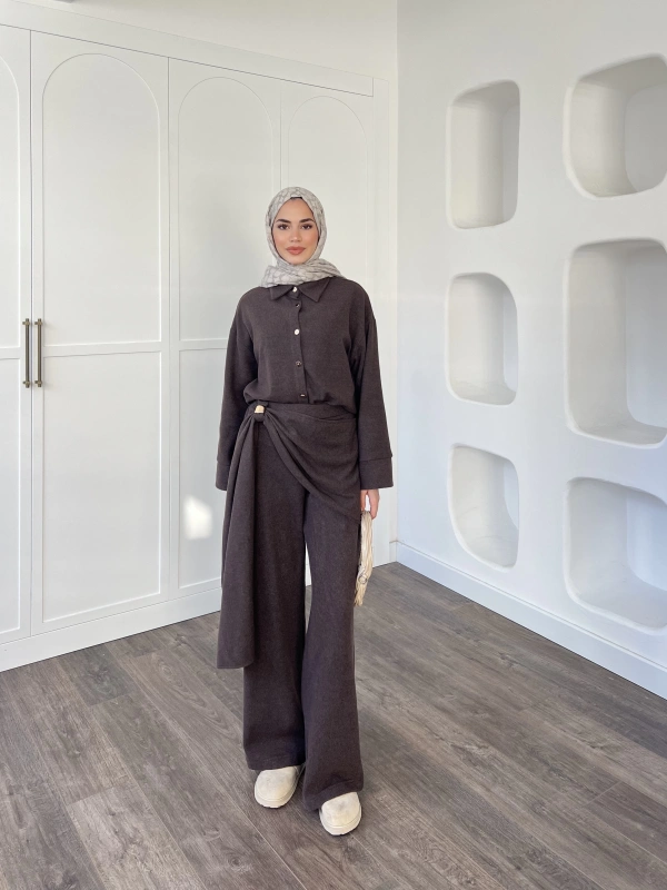 Leva Örme Triko Yan Bağcıklı Takım- Kahve