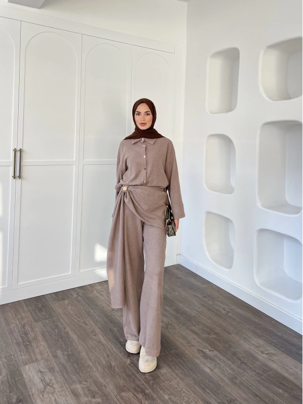 Leva Örme Triko Yan Bağcıklı Takım- Vizon